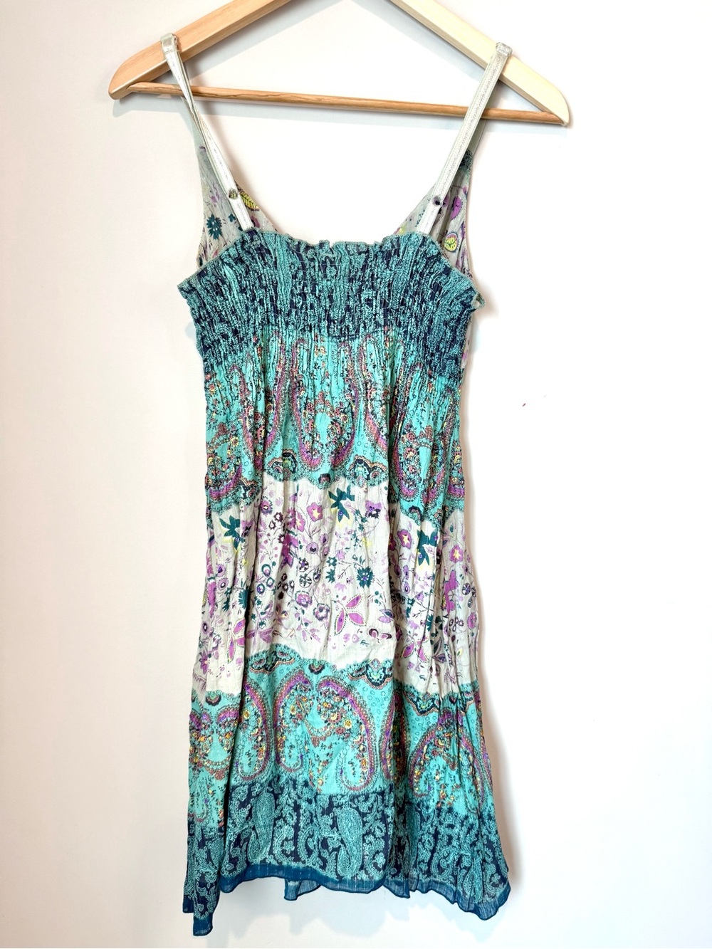 Wildflower Boho Bohemian Hippie Paisley Spaghetti-Strap Dress in Teal and Cream - Picture 3 of 3